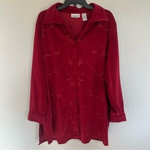 Women's All American Button Front Tunic Top‎ Embroidered Cranberry Moleskin 24W